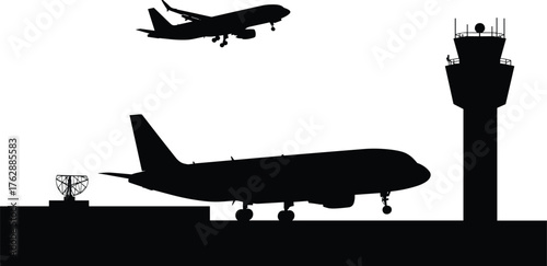 Silhouette of airport scene with airplanes taking off and landing near control tower, air traffic radar, aviation industry vector illustration