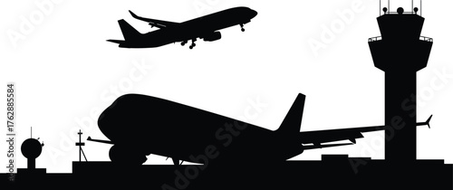 Silhouette of airplanes landing and taking off near airport control tower with radar system, aviation and air traffic management illustration