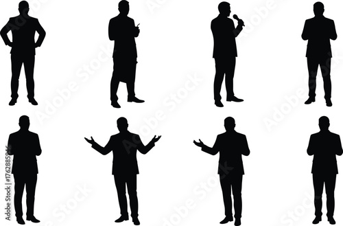 Silhouette of business man presenting, speaking, and gesturing, professional communication, leadership, teamwork, motivation, business concept, corporate illustration