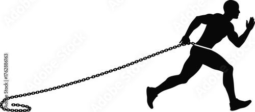 Silhouette of running man pulling heavy chain, symbol of struggle, motivation, freedom, resistance, and personal strength vector illustration