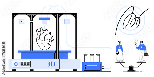 3D printer crafting a heart model, scientists assessing technology on balance scale. Ideal for science, technology, innovation, research, healthcare, STEM progress metaphor. Minimalist flat design