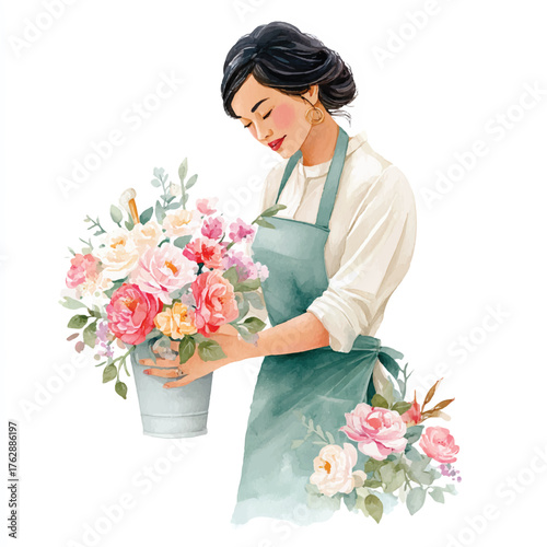 Woman Arranging Flowers in a Vase, Focused on Floral Arrangement.