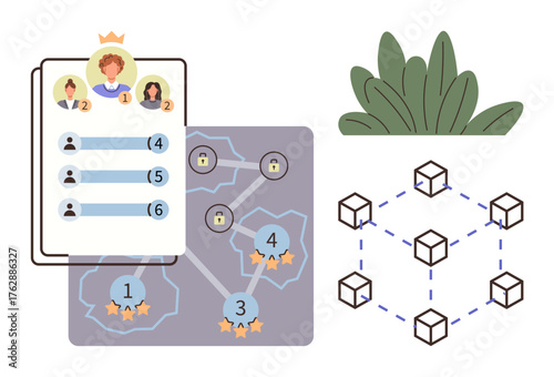 Leaderboard ranking system, network map, blockchain grid, and plant elements. Ideal for teamwork, hierarchy, collaboration, decentralization leadership growth and innovation. Simple flat metaphor