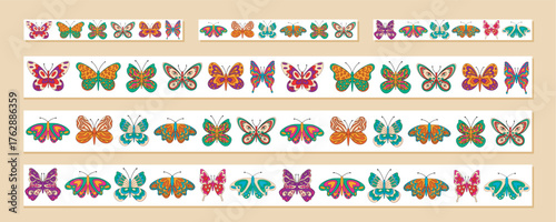 Groovy retro butterfly seamless border set with colorful pattern and nature theme. Y2k inspired pack in collection format as illustration for creative frame or border application, perfect for modern