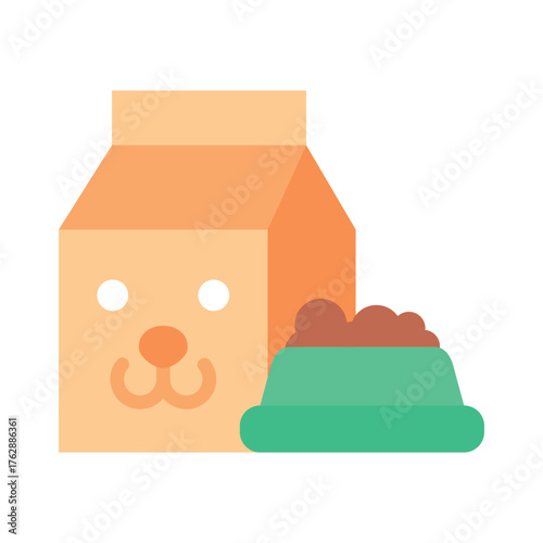 An illustration shows a pet food bag with a dog face and a bowl of food
