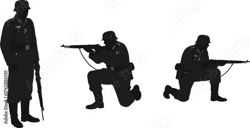 World War soldier silhouette illustration, armed military man with rifle, kneeling shooting pose vector, army combat uniform design art