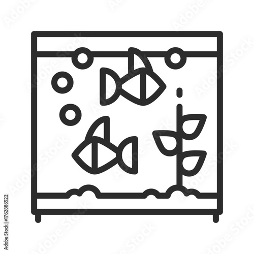 An outline depicts a rectangular fish tank containing two fish bubbles and plant life