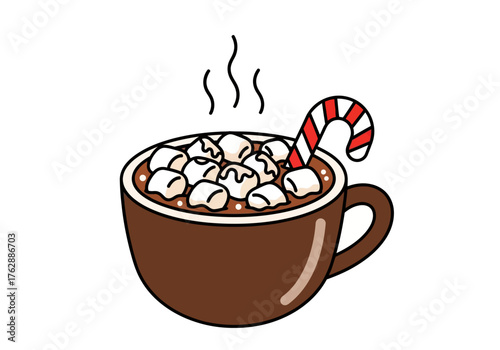 A brown mug filled with hot cocoa marshmallows and a candy cane Steam rises from the beverage