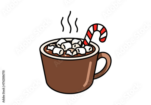 A cartoon mug of hot chocolate with marshmallows and a candy cane
