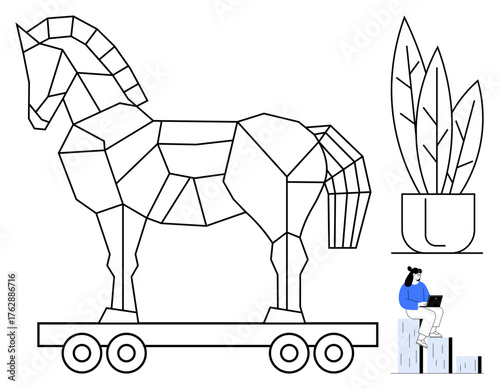 Geometric stylized Trojan horse on wheels, leafy potted plant, person sitting on blocks working on a laptop. Ideal for creative strategy, security, technology, innovation, teamwork, remote work