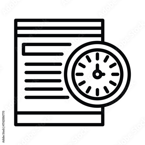 An outlined documentfile next to a clockface hands indicating past 8