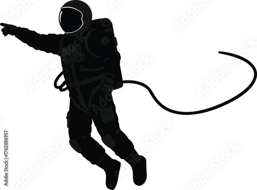 Astronaut silhouette floating in space vector illustration, cosmic explorer with spacesuit and tether, spacewalk scene, galaxy exploration concept artwork