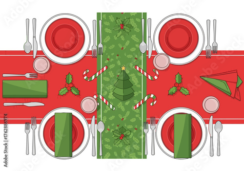 A festive Christmas table setting with plates cutlery napkins candy canes holly and a Christmas tree centerpiece