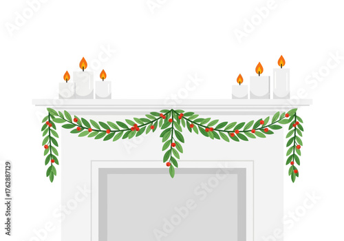 A fireplace mantel is decorated with garland and candles