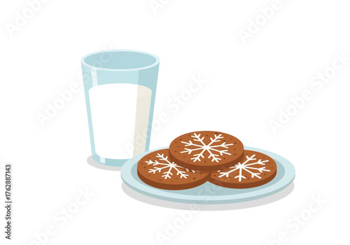 A glass of milk sits beside a plate of three snowflakedecorated cookies