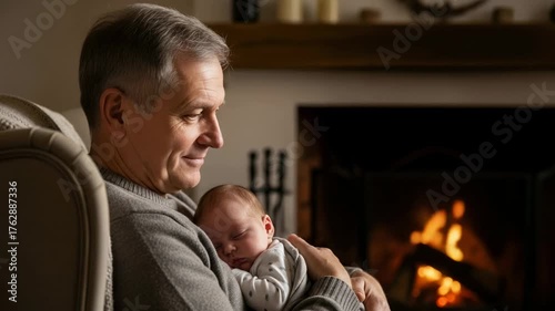 Loving Caucasian Grandfather Cuddling Sleeping Newborn Baby by a Warm Fireplace in a Cozy Home Setting