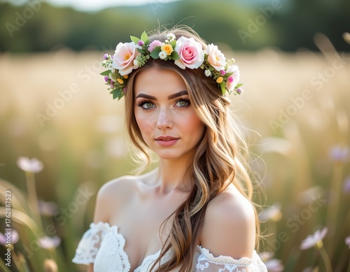 Dreamy model wearing floral crown in nature portrait photography soft lighting outdoor setting