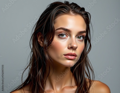 Wet hair model portrait studio beauty photography neutral background close-up captivating emotions