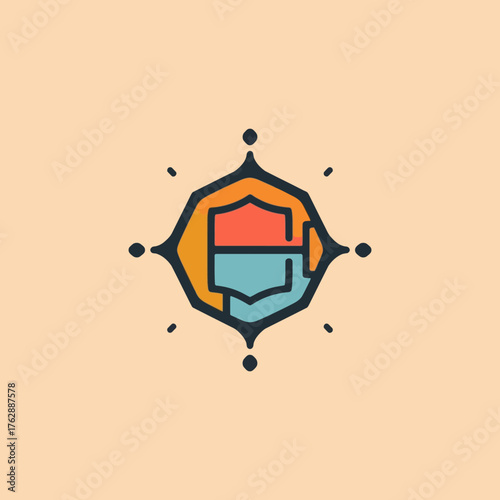 Stylized emblem for guided communication featuring a compass rose and overlapping shields representing dialogue and security