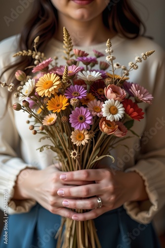 Woman holding dried flower bouquet indoor setting lifestyle photography warm environment soft focus on elegance