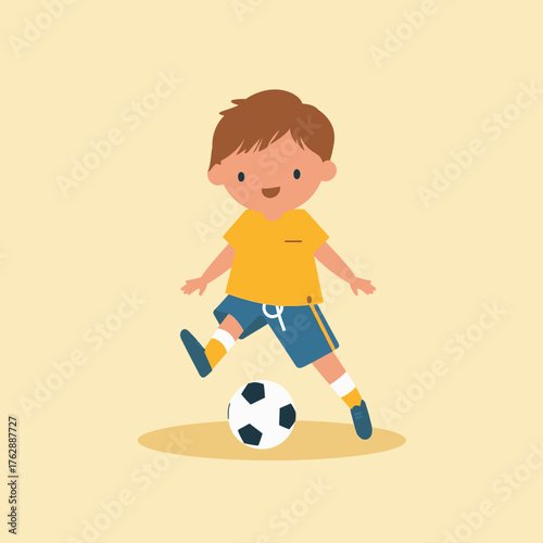 A cheerful cartoon boy in a bright yellow shirt and blue shorts enthusiastically dribbling a soccer ball, embodying childhood energy and sporty fun with a joyful expression
