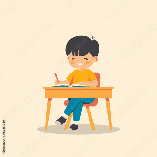 Adorable Child Writing Young Boy Engaged in Schoolwork at His Desk, Immersed in Learning and Creative Writing