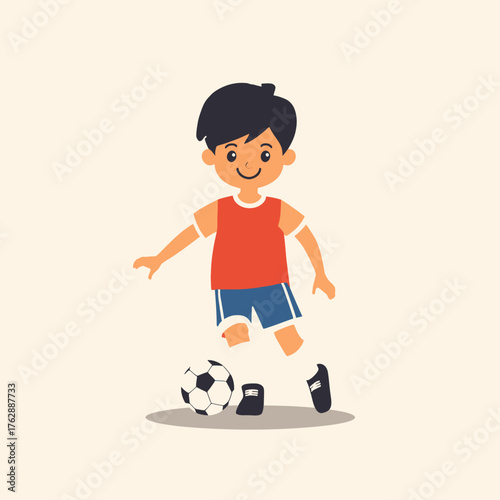 Vibrant illustration of a happy boy playing soccer, enthusiastically dribbling the ball with a wide smile, embodying active childhood, sportsmanship, and joyful recreation