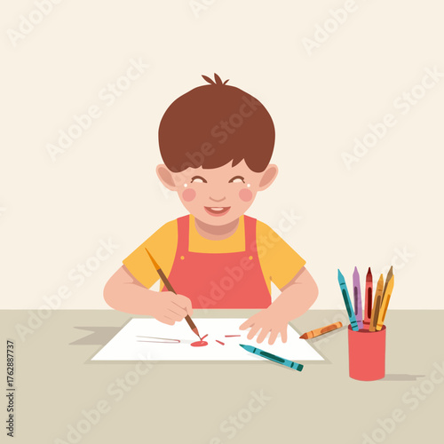 Cute cartoon child engrossed in drawing with wax crayons at a desk, showcasing early childhood development and artistic expression