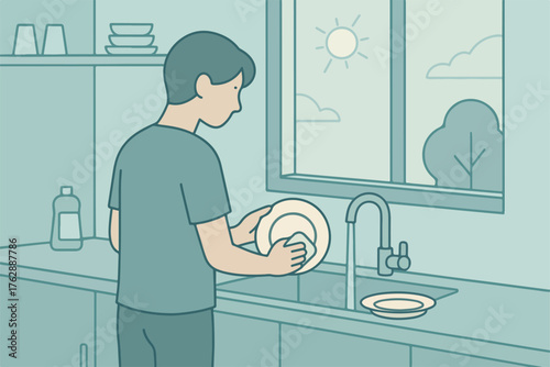 Person washing dishes in kitchen with sunlight outside window