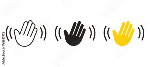 Bonjour text with hand wave icon thin line outline set
