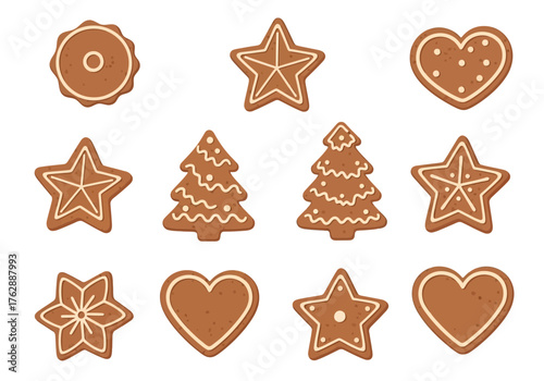 Array of gingerbread cookies star tree heart  circle shapes with white icing