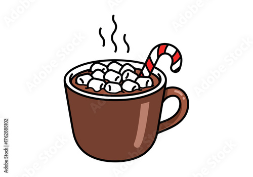 Cartoon image of a steaming cup of hot chocolate with marshmallows and a candy cane