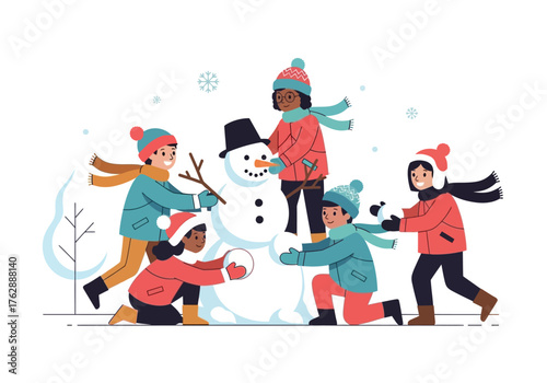 Cartoon kids build a snowman with accessories in a winter landscape