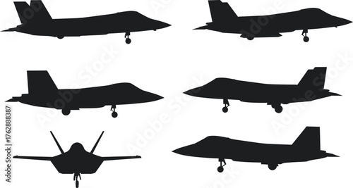 Silhouette collection of modern stealth fighter jets, military aircraft shapes, warplane design icons, aviation technology, defense concept, isolated vector illustration