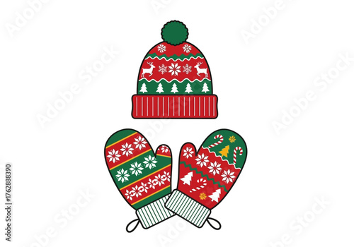 Christmas hat and mittens with holiday patterns red green and white