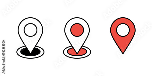 Three versions of a map marker/location pin icon, showing outline, partially filled, and fully filled styles with red and black color accents. GPS symbol.
