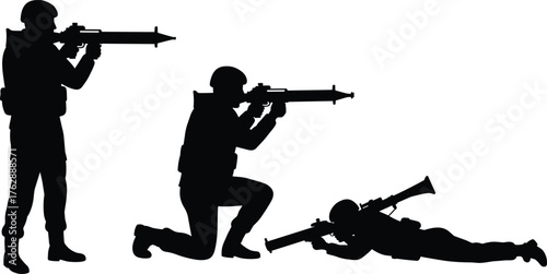 Silhouette of soldiers aiming rocket launchers, military fighters in action poses, combat training concept, war operation, defense army illustration