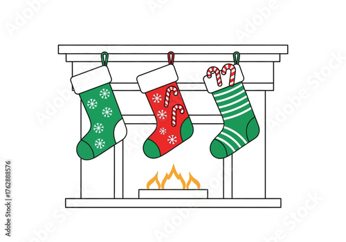Christmas stockings are hanging from a fireplace with a fire burning