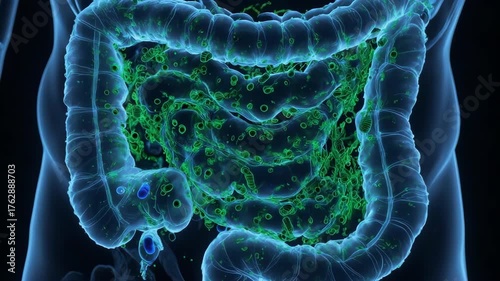 Cinematic slow motion 3D render of glowing probiotics. Beneficial bacteria moving in the intestine. Concept of gut health, microbiome, and digestion.