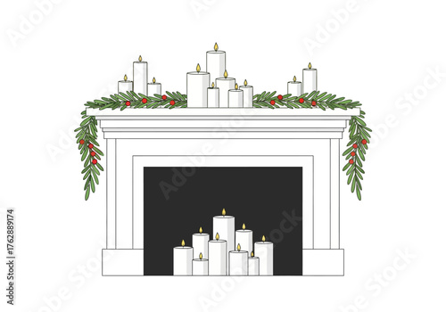 Fireplace decorated with candles and garland