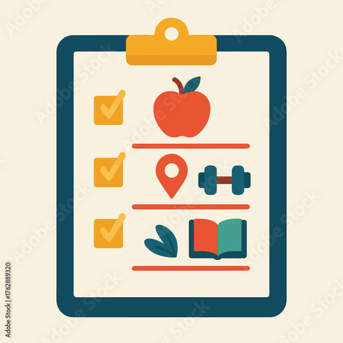 Healthy lifestyle checklist with apple location book and weights
