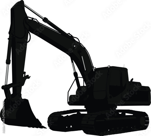 Modern hydraulic excavator construction machine silhouette on white background, heavy equipment industrial digger vehicle, engineering machinery design, vector illustration