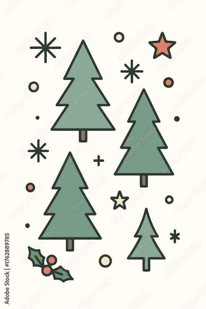 Obraz premium Christmas Tree Illustration with Holly and Stars