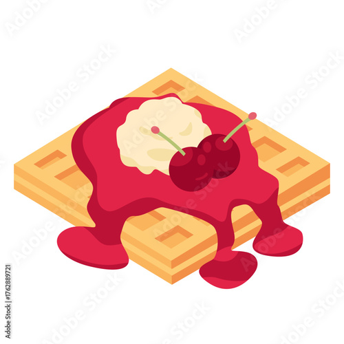 Belgian Waffle with Cherry Syrup and Whipped Cream Vector