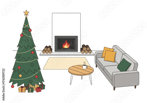 Room scene Xmas tree presents fireplace logs sofa pillows rug table coffee mug and white walls