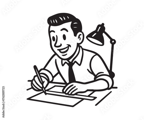 Smiling artist drawing at desk under lamp, perfect for creative projects, advertising, and educational materials featuring classic cartoon illustrations