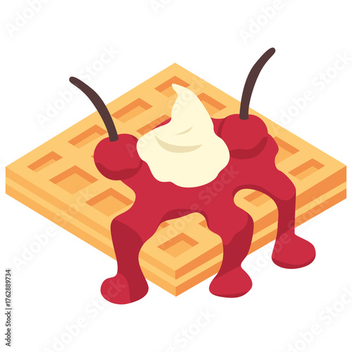 Cherry Waffle with Ice Cream and Syrup Vector Illustration