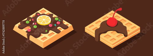 Chocolate Waffle Dessert Set with Cherry and Lemon Topping Vector