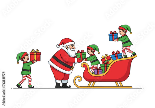 Santa and elves pack a sleigh with gifts ready for delivery