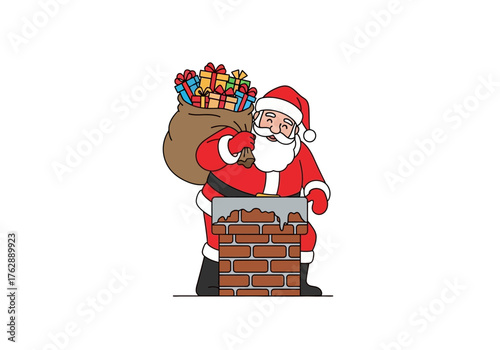 Santa Claus with presents sack stands beside a brick chimney